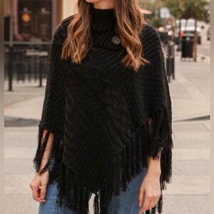Boutique NWOT black Fringed Poncho